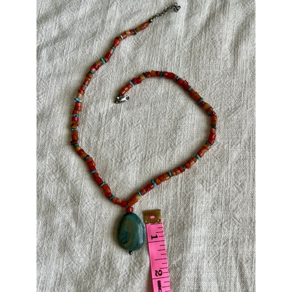 Natural Coral & Turquoise Heishi Necklace with African Turquoise Pendant No Dye - Picture 2 of 3
